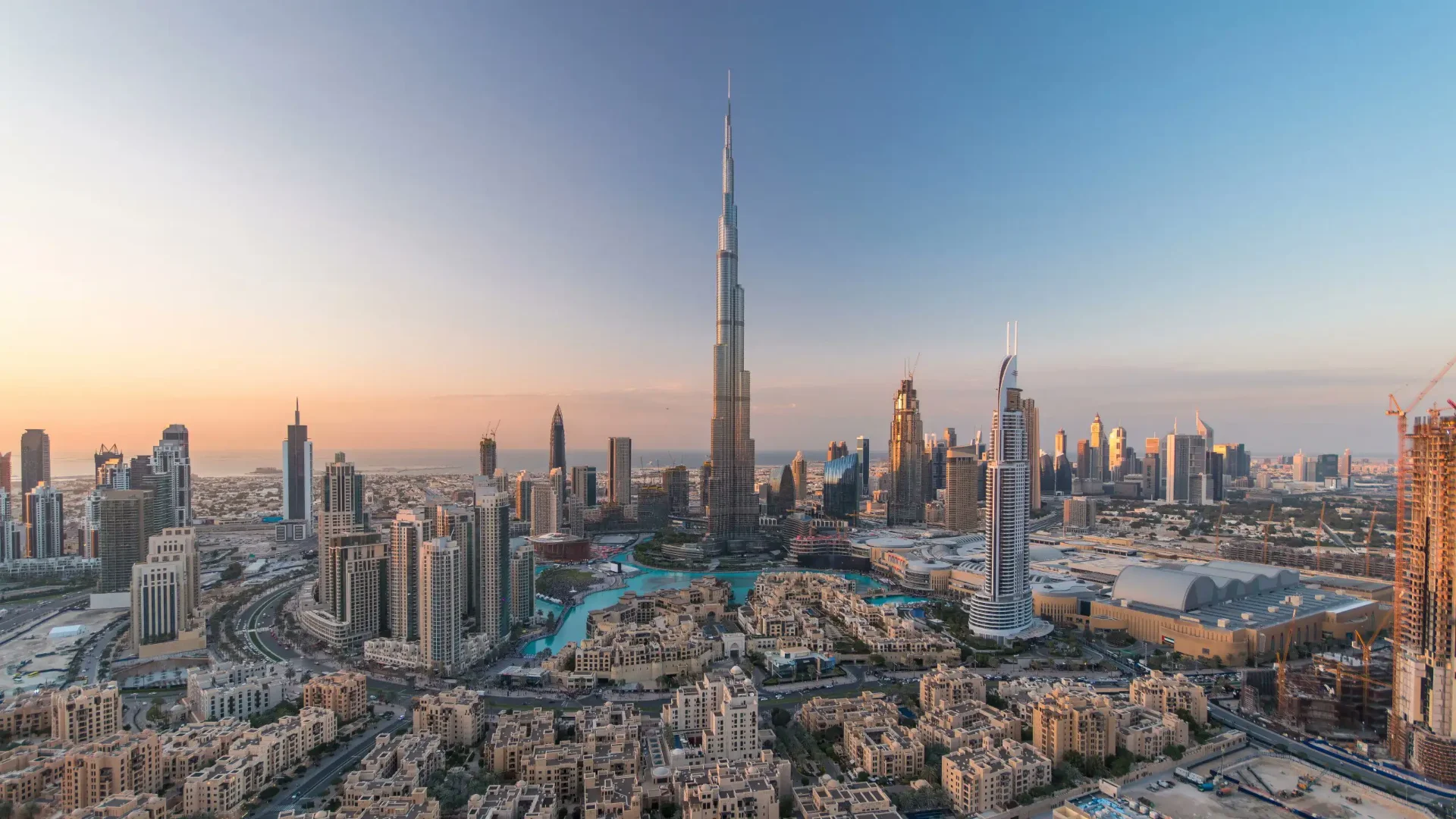 Dubai skyline with Burj Khalifa at golden hour